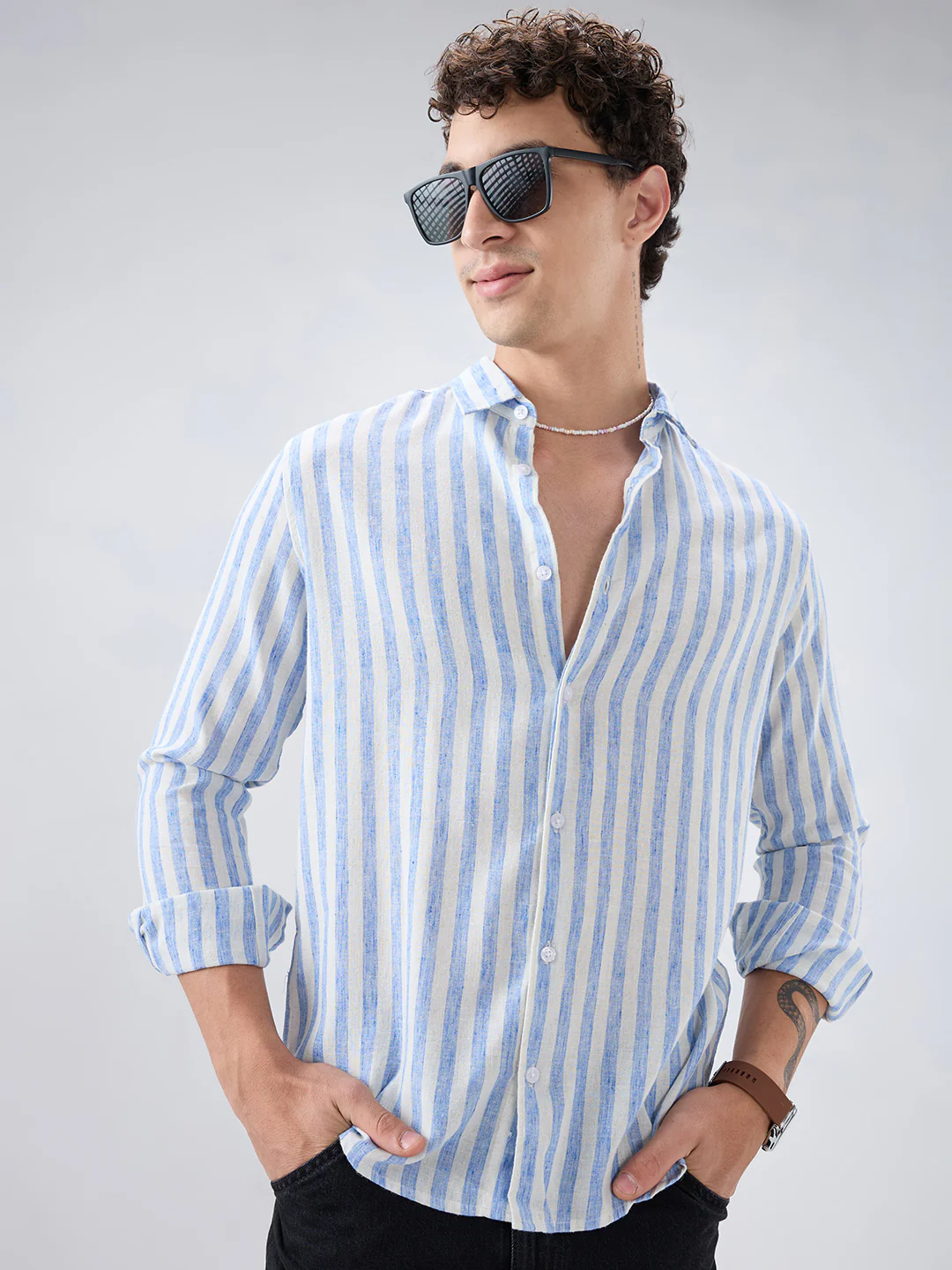 Blue & Ivory Balanced Striped Linen Blend Shirt - Image 2