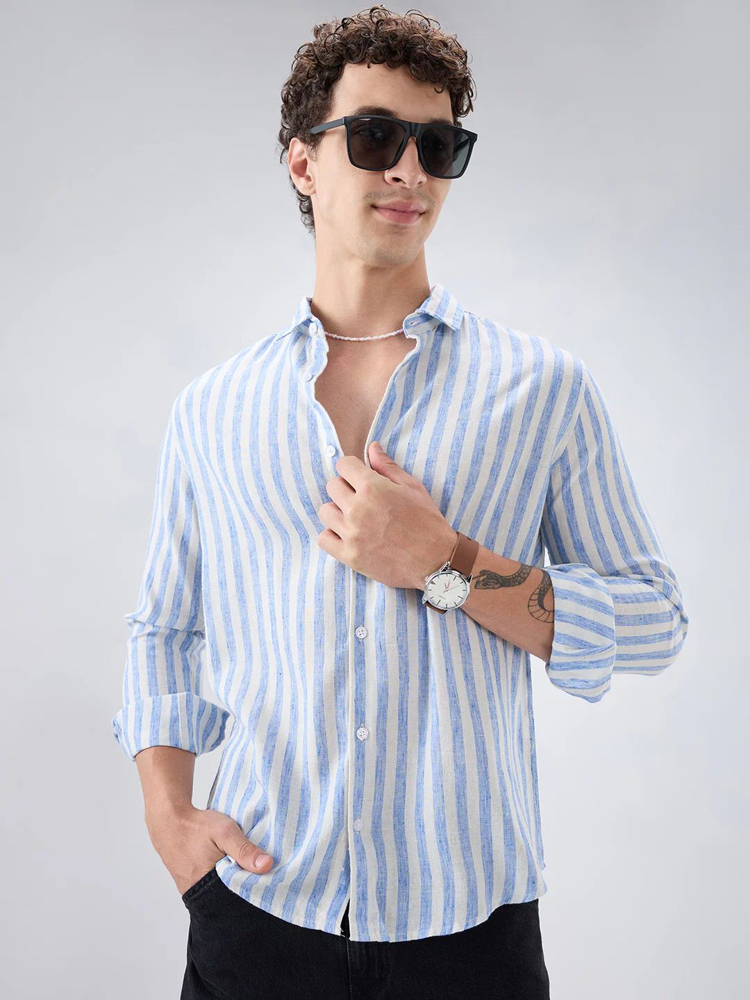 Blue & Ivory Balanced Striped Linen Blend Shirt - Image 4