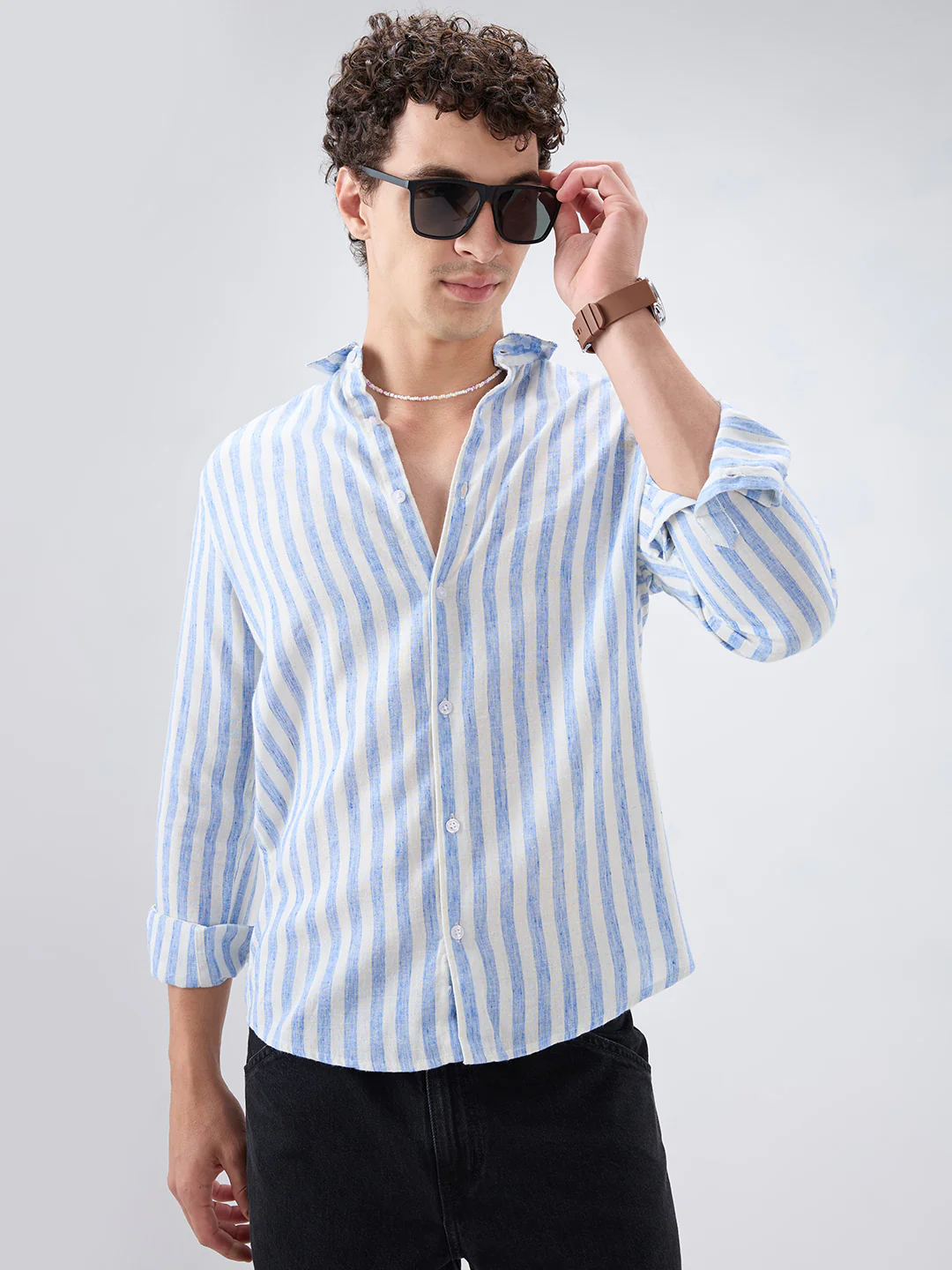 Blue & Ivory Balanced Striped Linen Blend Shirt - Image 5