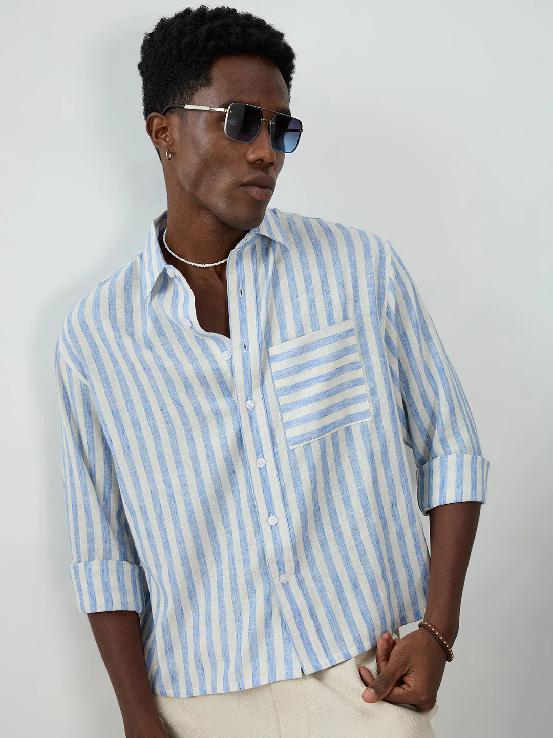 Blue & Off-White Striped Boxy Fit Crop Shirt - Image 2