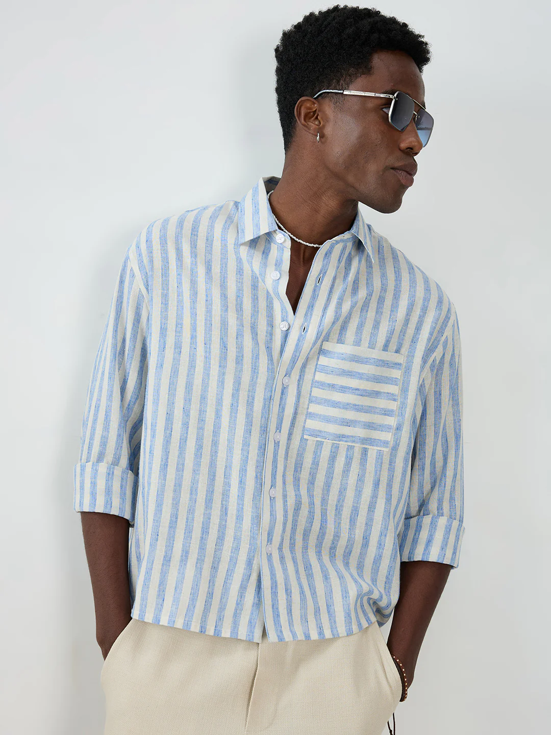 Blue & Off-White Striped Boxy Fit Crop Shirt - Image 5