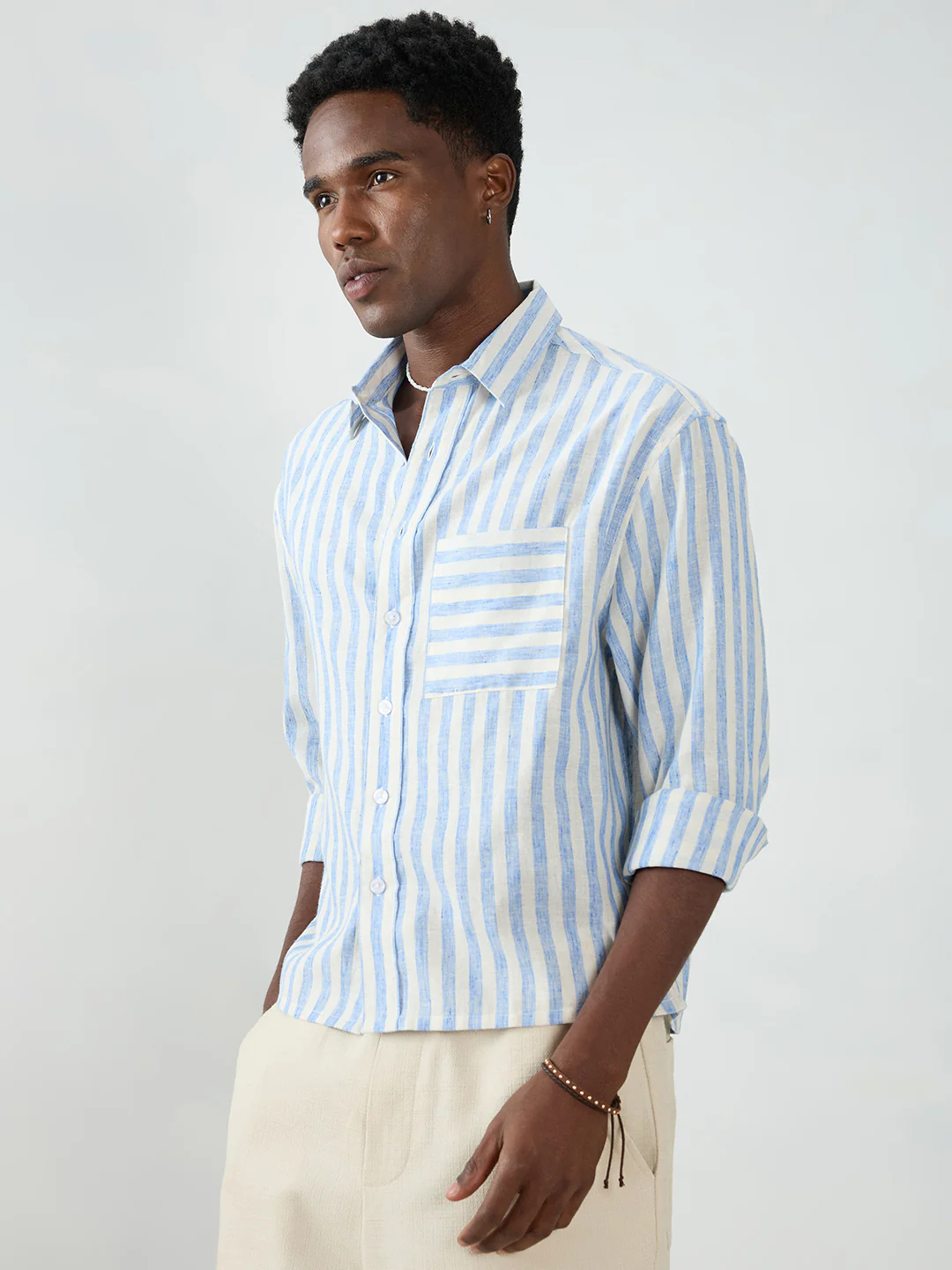 Blue & Off-White Striped Boxy Fit Crop Shirt - Image 6