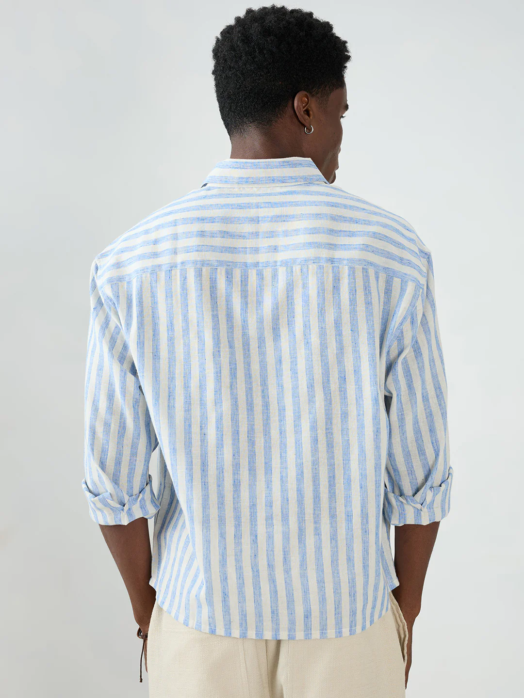 Blue & Off-White Striped Boxy Fit Crop Shirt - Image 7
