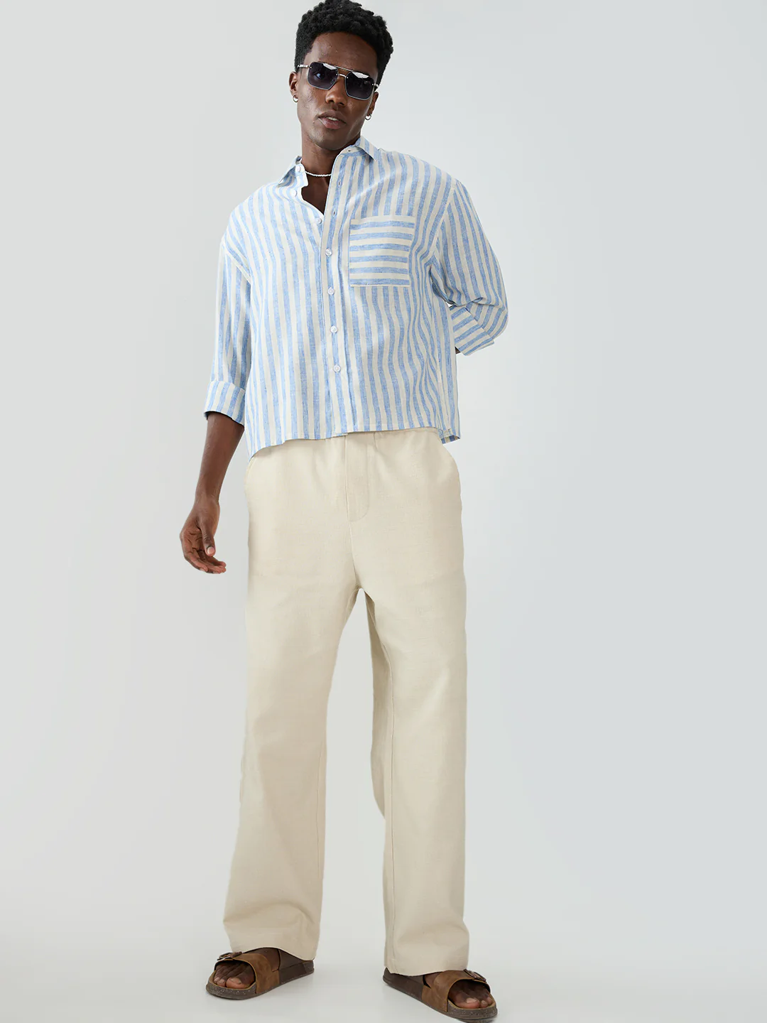 Blue & Off-White Striped Boxy Fit Crop Shirt - Image 8