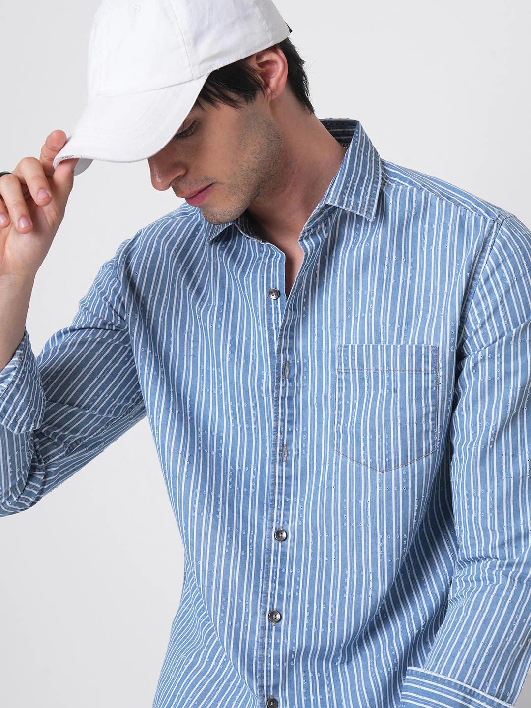 Blue Squarish Laser Cut Striped Shirt
