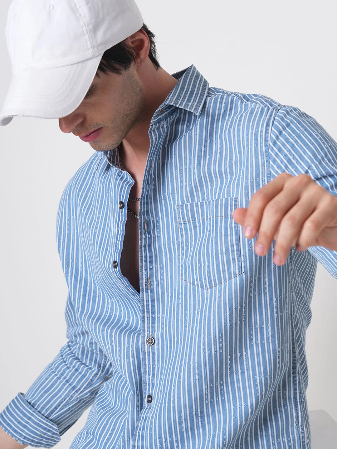Blue Squarish Laser Cut Striped Shirt - Image 3
