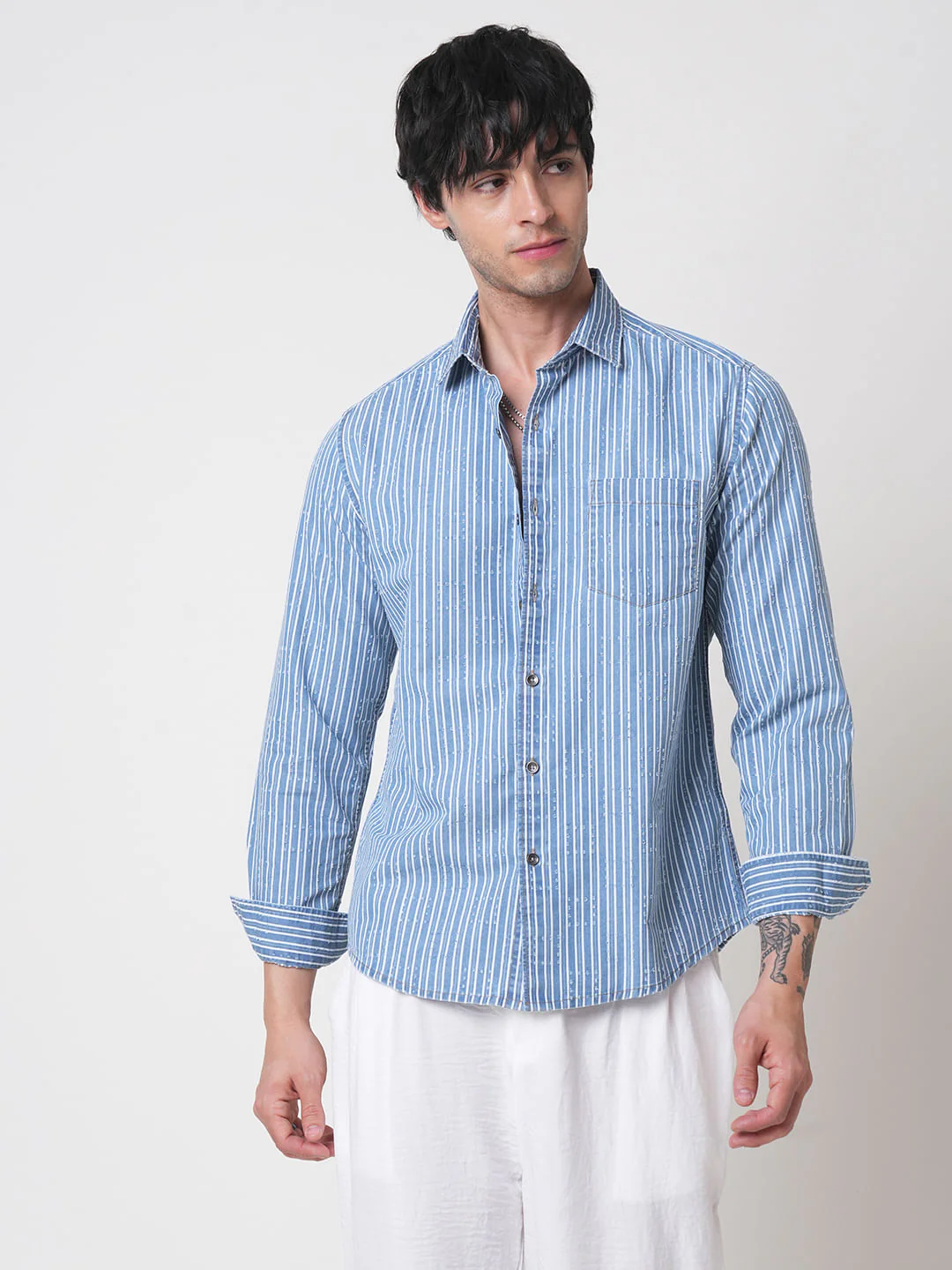 Blue Squarish Laser Cut Striped Shirt - Image 5