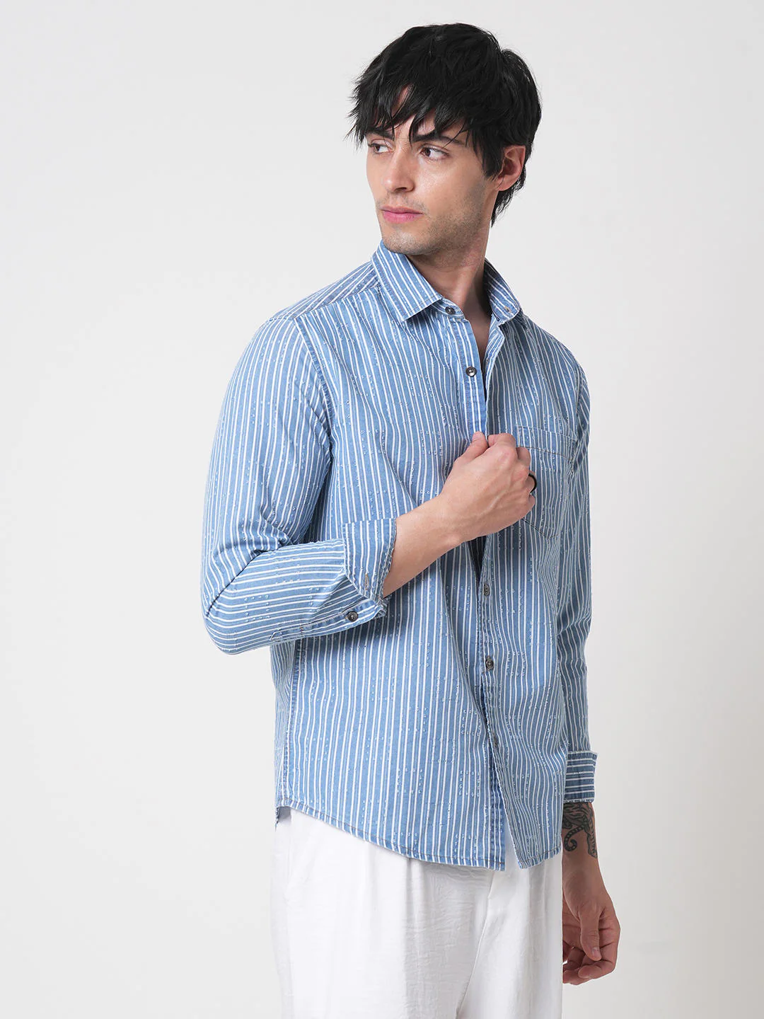 Blue Squarish Laser Cut Striped Shirt - Image 6