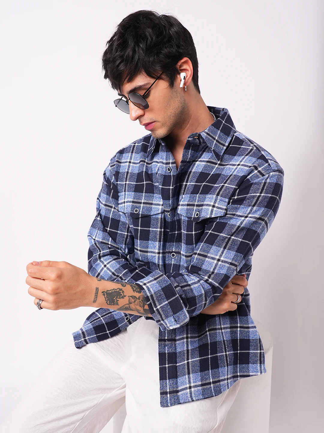Blue Tartan Checkered Double Pocket Flannel Overshirt - Image 4