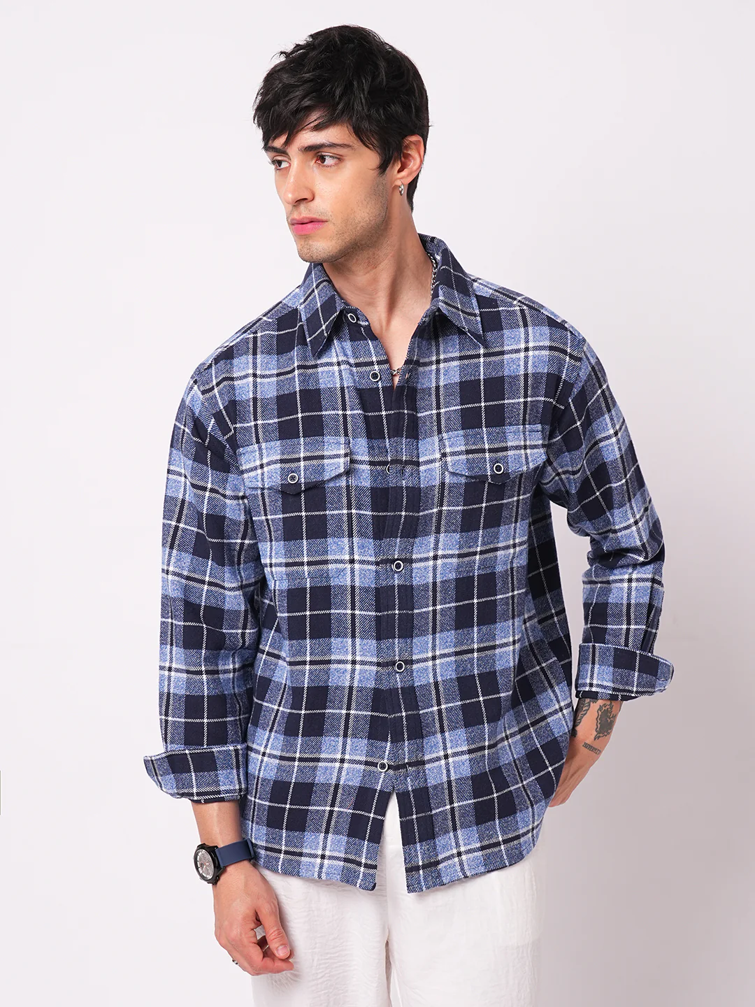 Blue Tartan Checkered Double Pocket Flannel Overshirt - Image 5