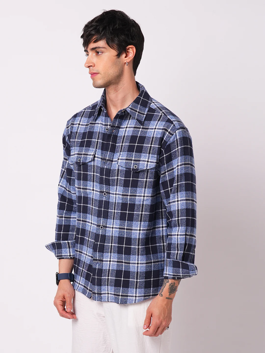 Blue Tartan Checkered Double Pocket Flannel Overshirt - Image 6