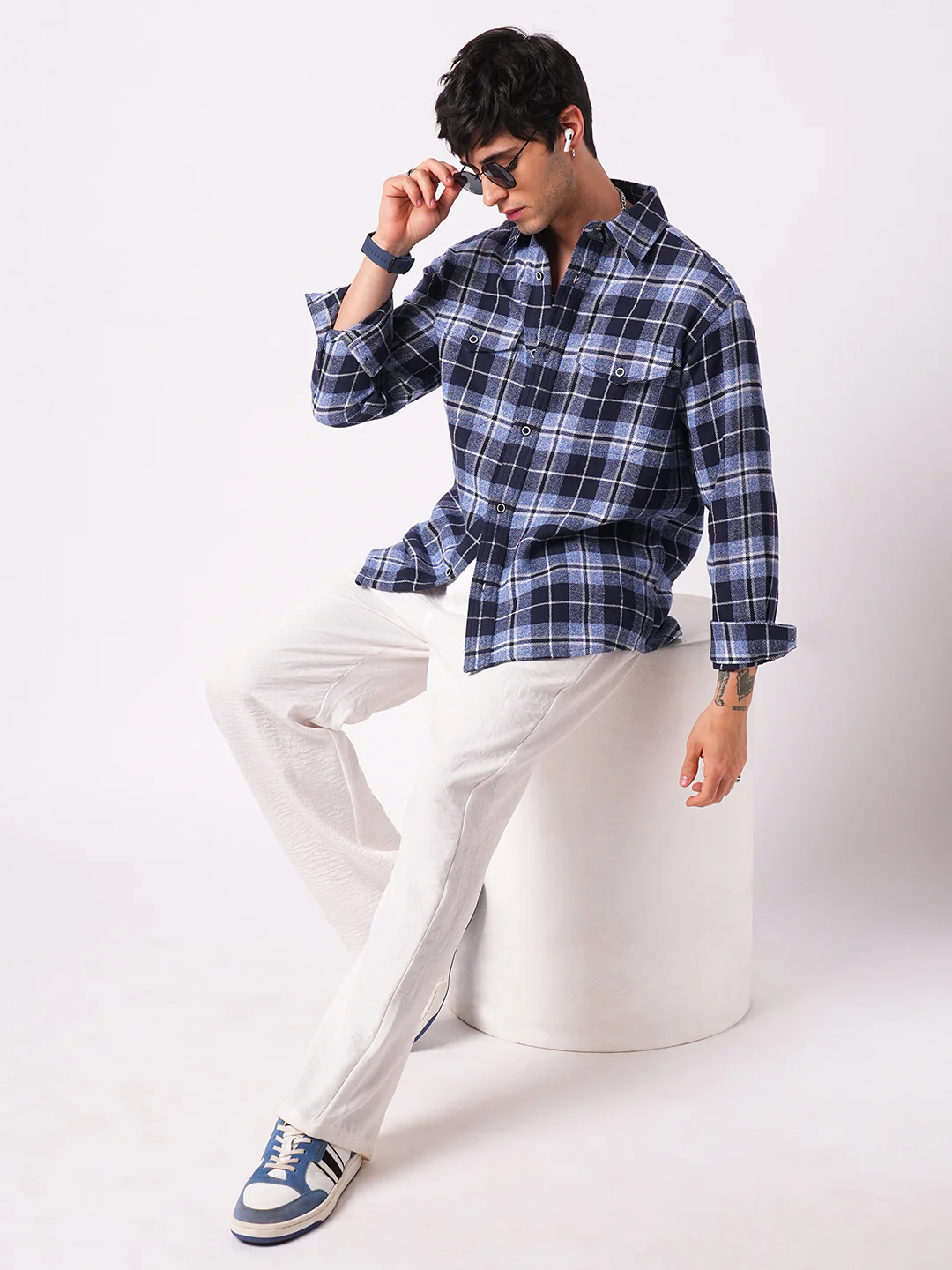 Blue Tartan Checkered Double Pocket Flannel Overshirt - Image 8