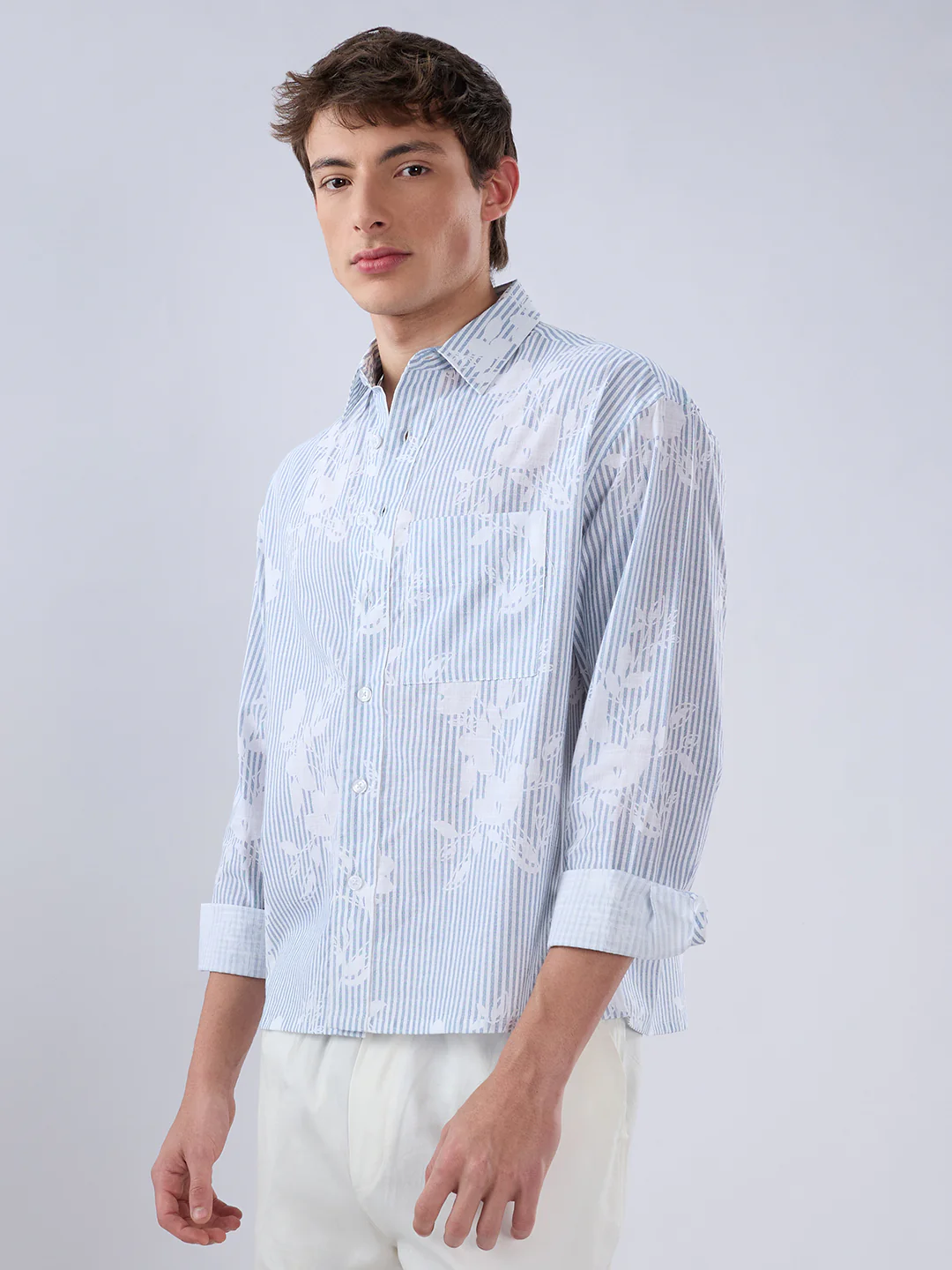Blue & White Contemporary Floral Boxy Fit Crop Shirt - Image 5