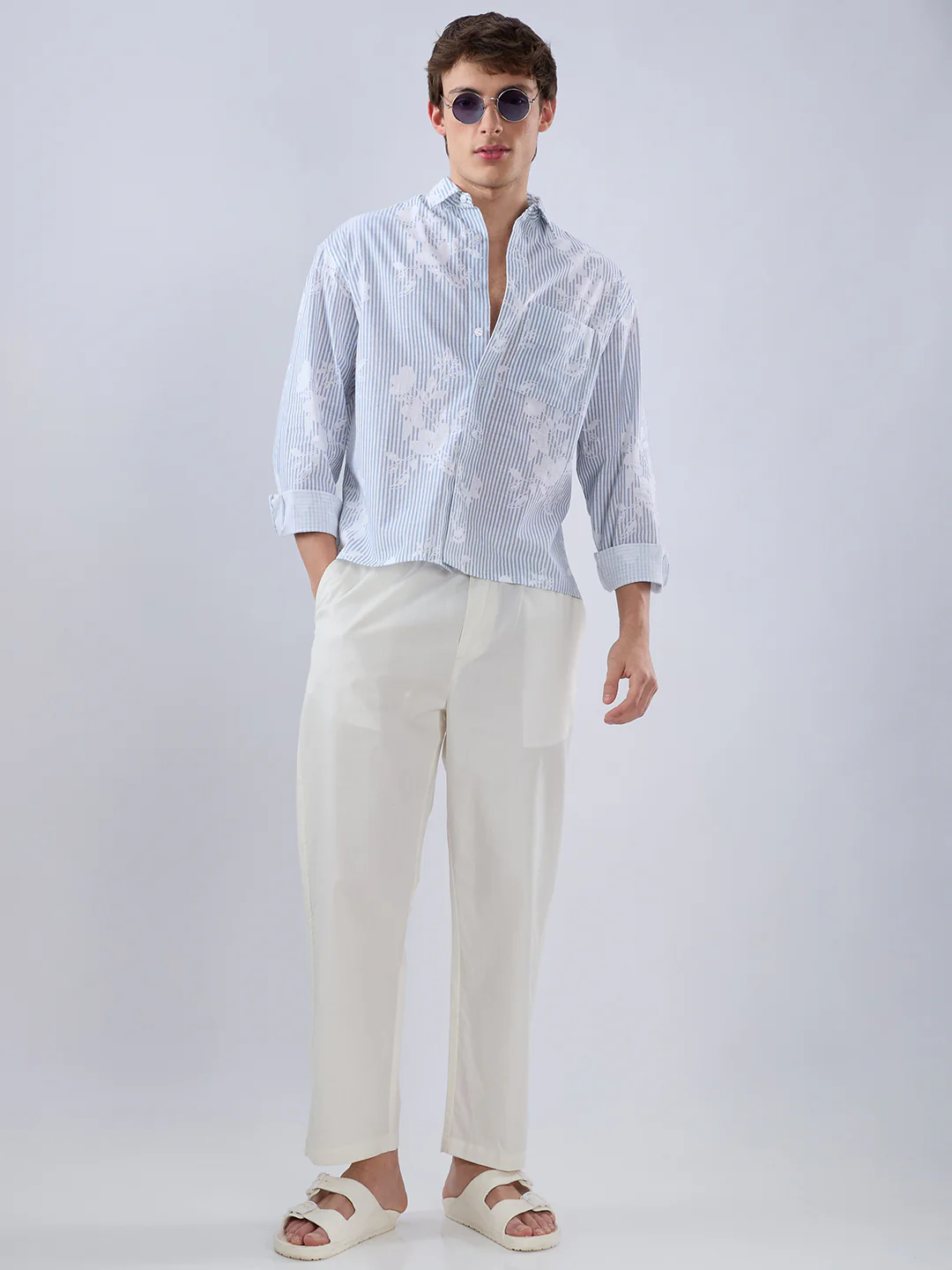 Blue & White Contemporary Floral Boxy Fit Crop Shirt - Image 7