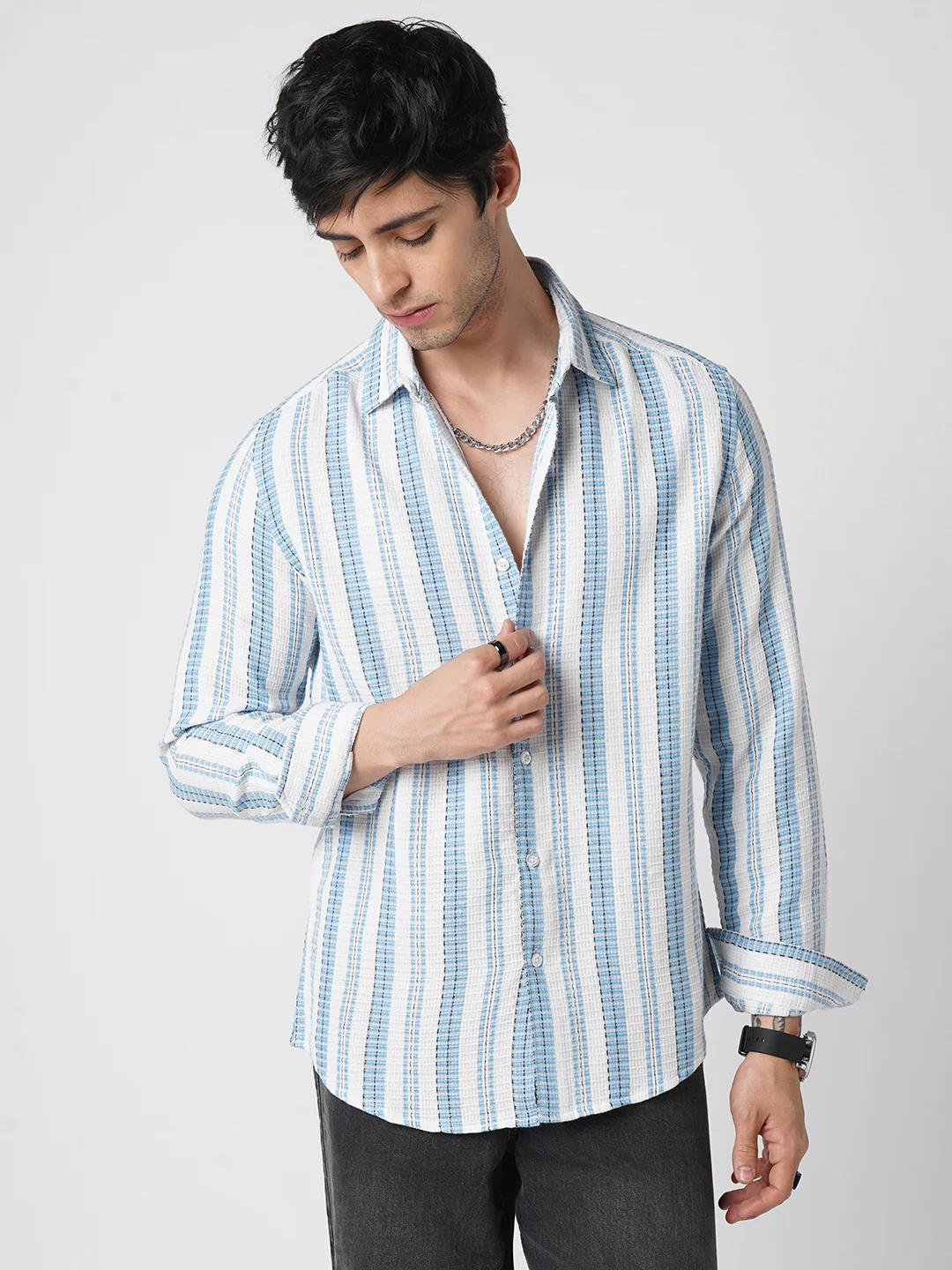 Blue & White Dobby Striped Shirt - Image 4