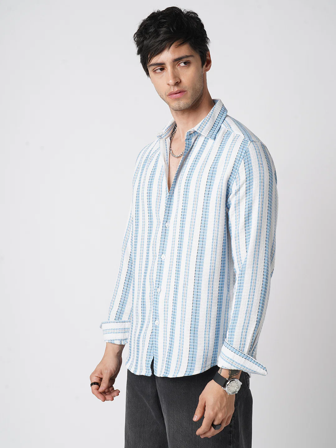 Blue & White Dobby Striped Shirt - Image 5