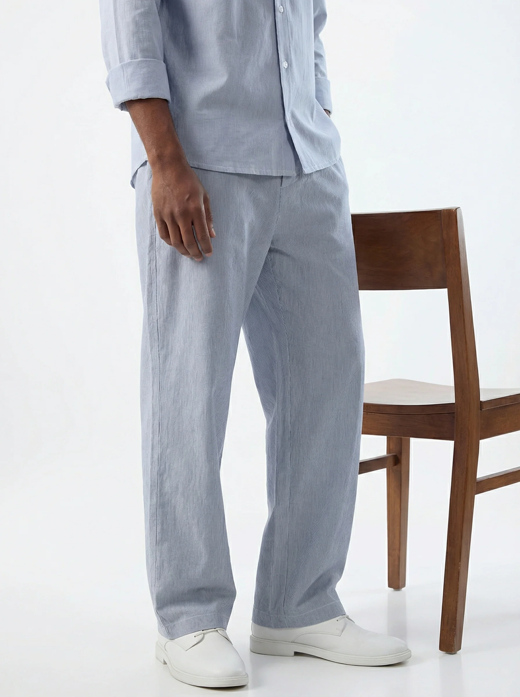 Blue & White Hairline Striped Straight-Fit Trousers - Image 2