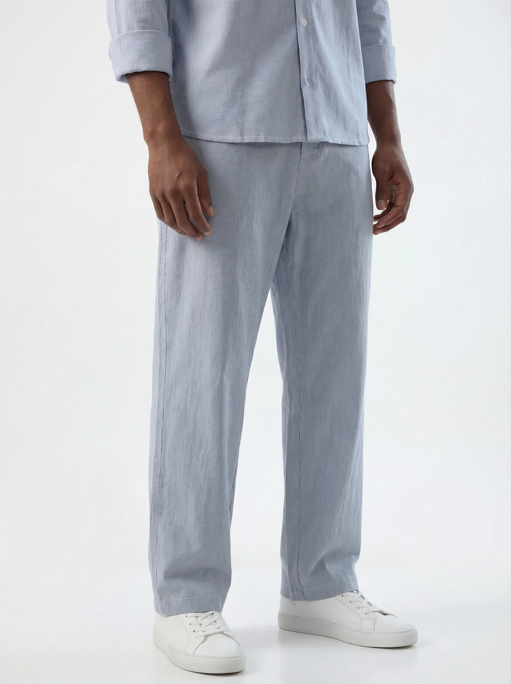 Blue & White Hairline Striped Straight-Fit Trousers - Image 4