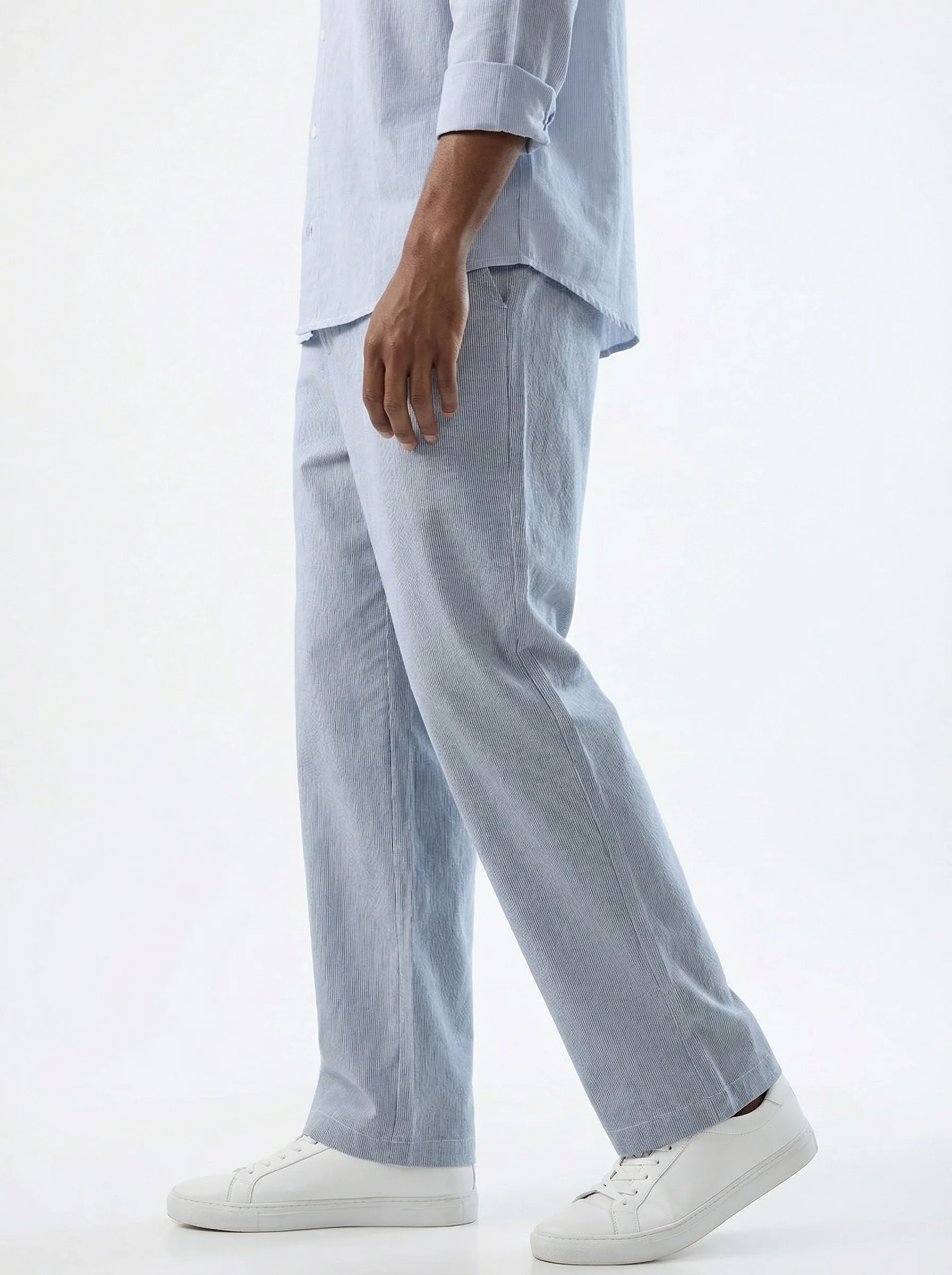 Blue & White Hairline Striped Straight-Fit Trousers - Image 5