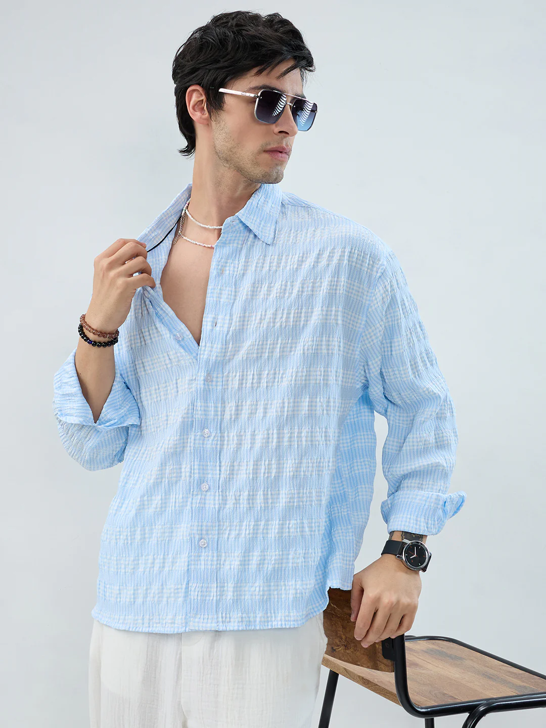 Blue & White Seersucker Gingham Checks Boxy Fit Crop Shirt - Image 2