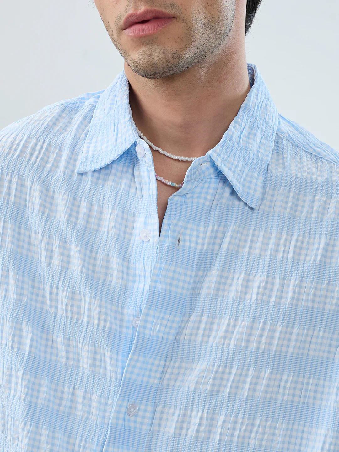 Blue & White Seersucker Gingham Checks Boxy Fit Crop Shirt - Image 3