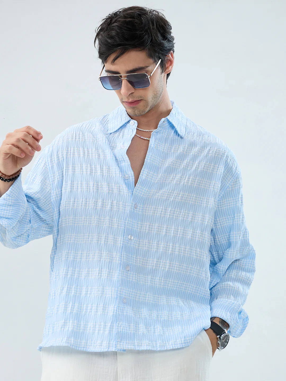Blue & White Seersucker Gingham Checks Boxy Fit Crop Shirt - Image 4