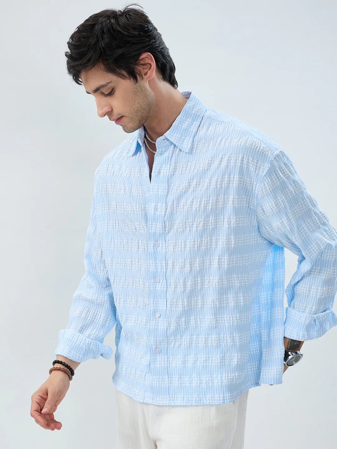 Blue & White Seersucker Gingham Checks Boxy Fit Crop Shirt - Image 5