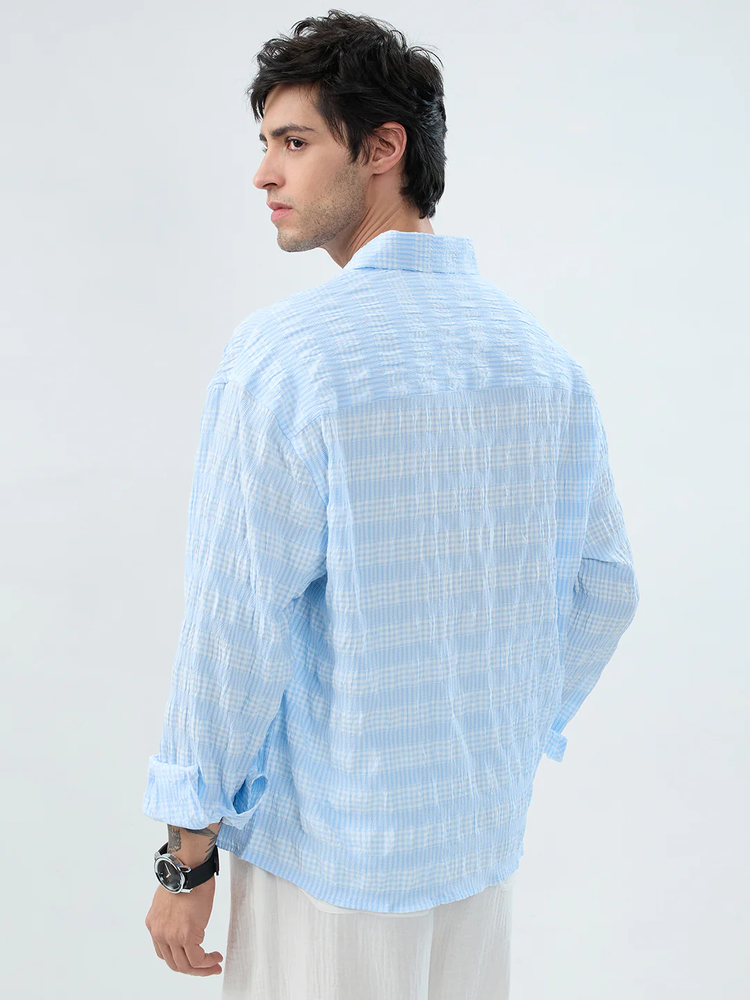 Blue & White Seersucker Gingham Checks Boxy Fit Crop Shirt - Image 6