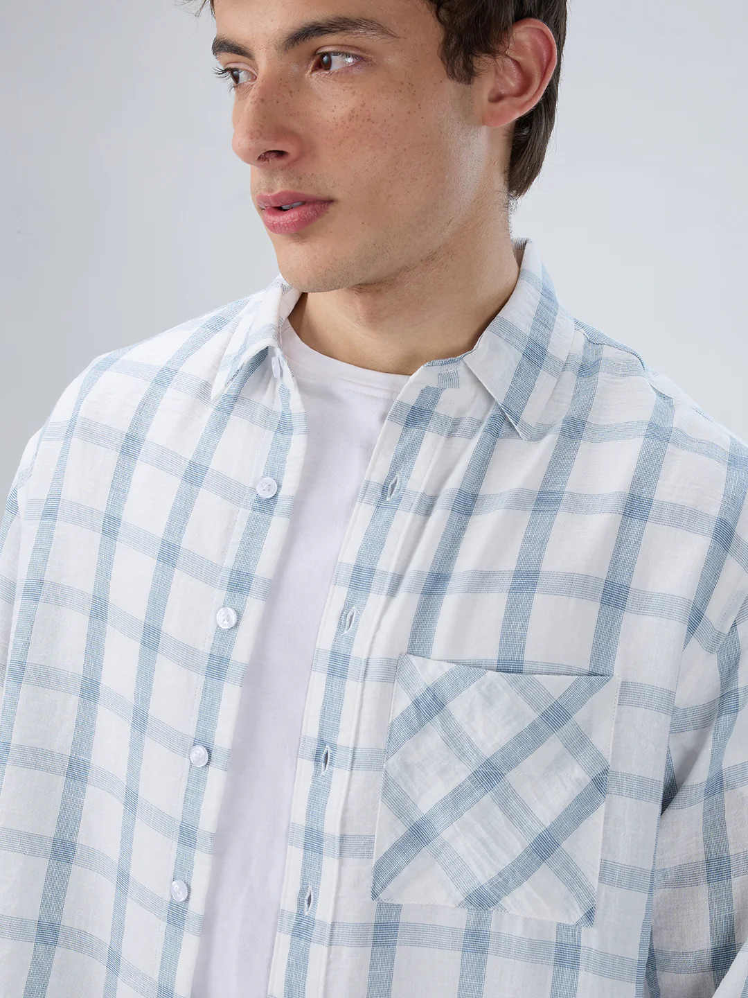 Blue & White Tartan Checkered Boxy Fit Crop Shirt - Image 3