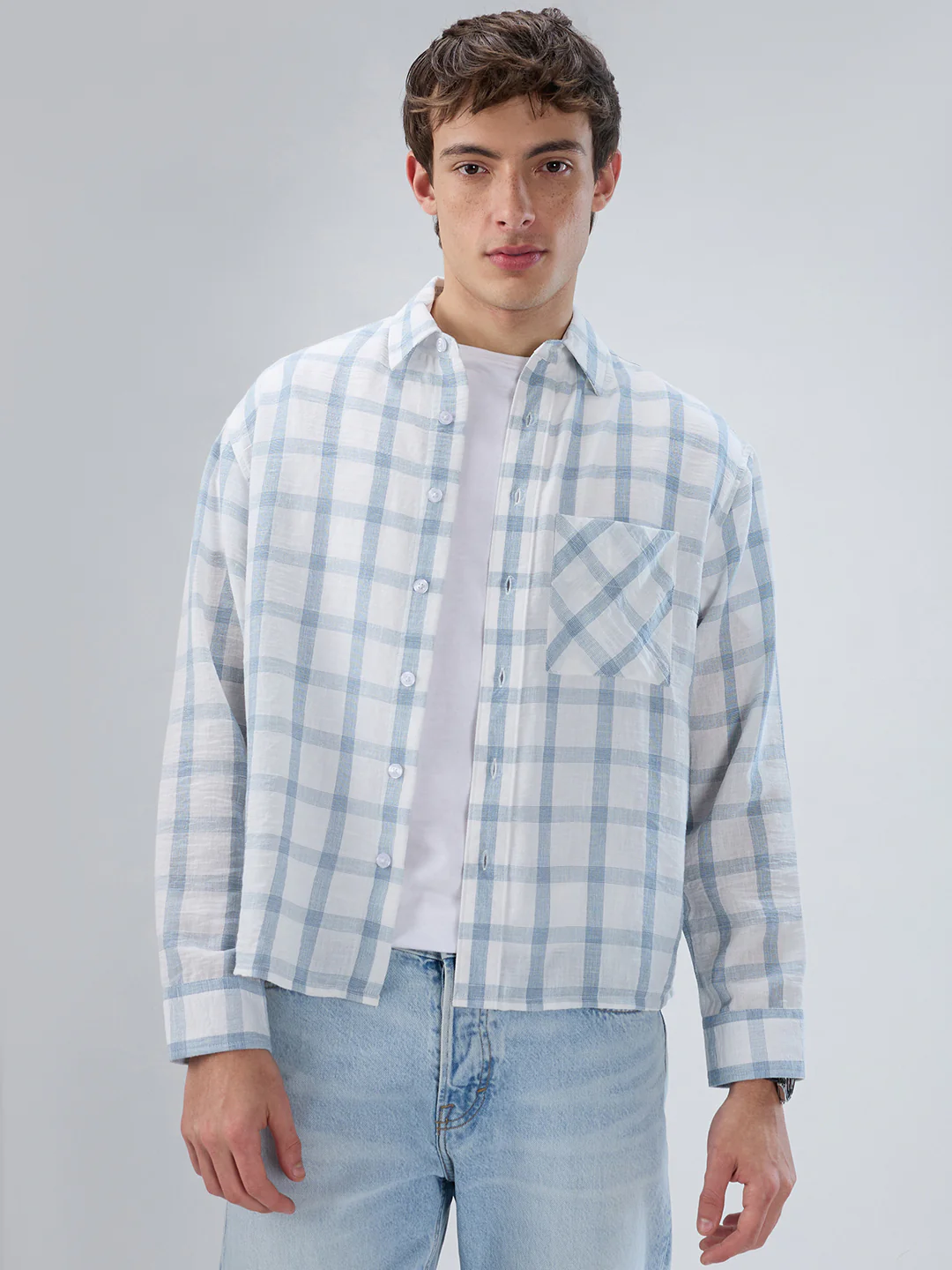Blue & White Tartan Checkered Boxy Fit Crop Shirt - Image 4