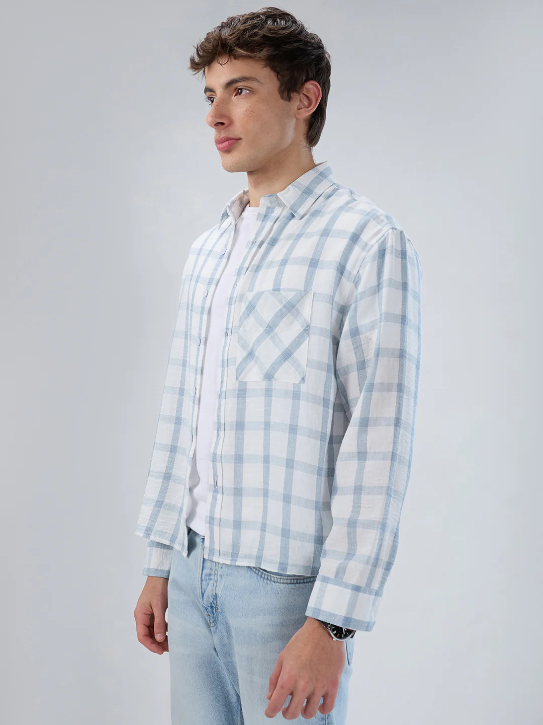 Blue & White Tartan Checkered Boxy Fit Crop Shirt - Image 5