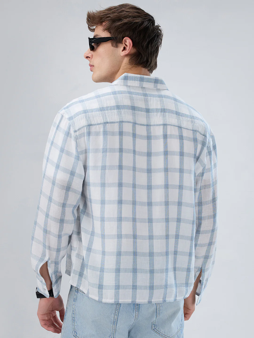 Blue & White Tartan Checkered Boxy Fit Crop Shirt - Image 6