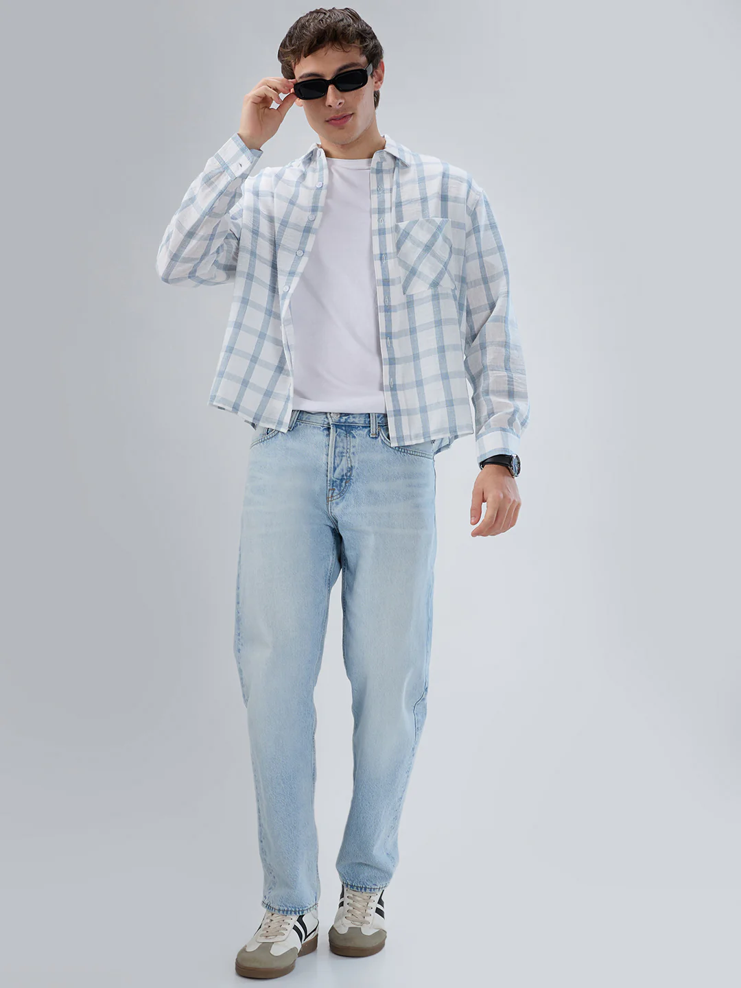 Blue & White Tartan Checkered Boxy Fit Crop Shirt - Image 7