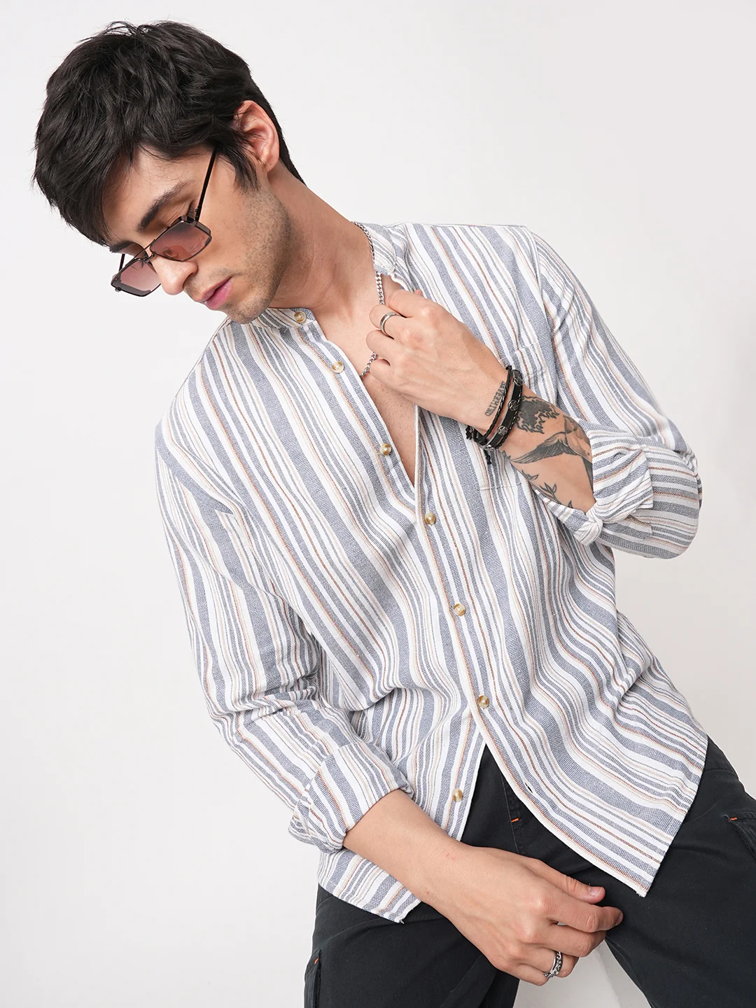 Blue & White Vertical Stripes Mandarin Shirt