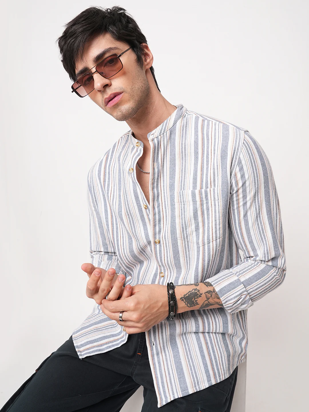 Blue & White Vertical Stripes Mandarin Shirt - Image 2