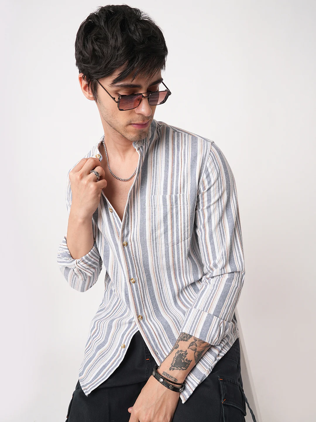 Blue & White Vertical Stripes Mandarin Shirt - Image 4