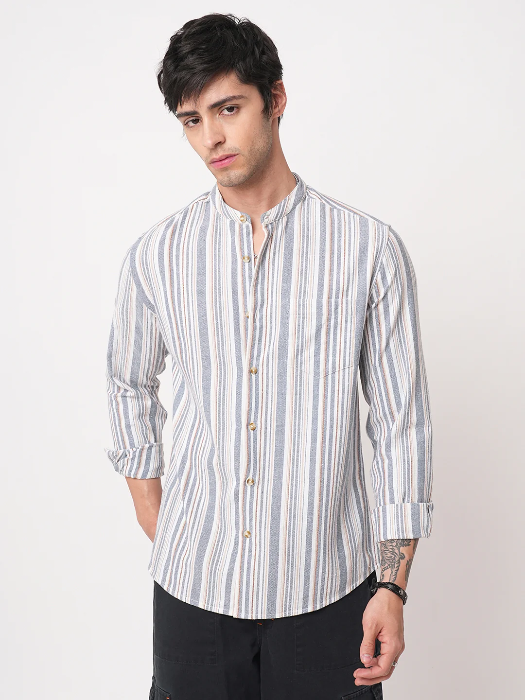 Blue & White Vertical Stripes Mandarin Shirt - Image 5