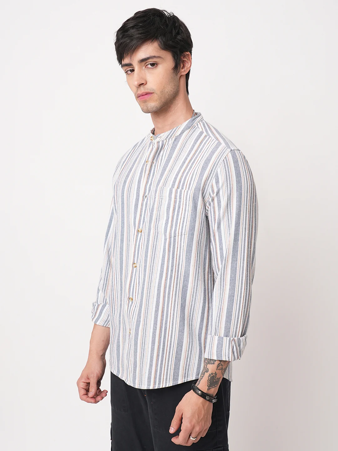 Blue & White Vertical Stripes Mandarin Shirt - Image 6