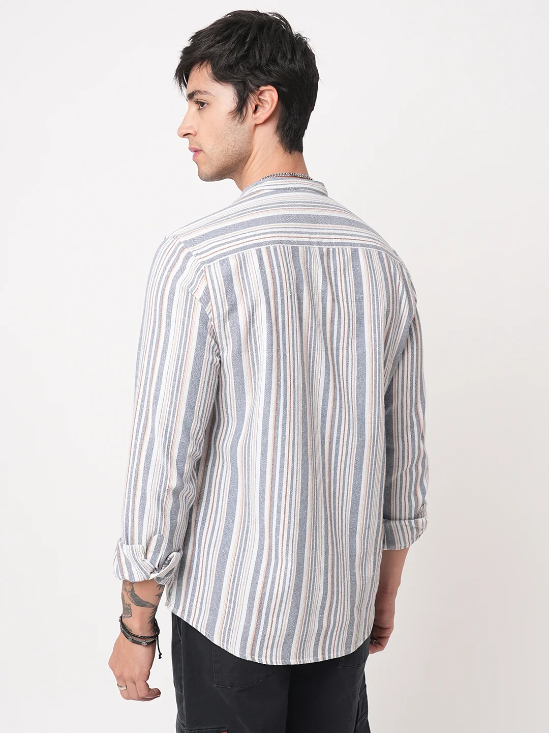 Blue & White Vertical Stripes Mandarin Shirt - Image 7