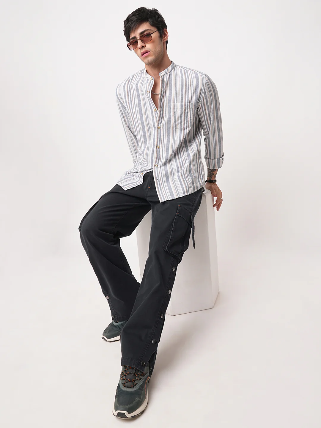 Blue & White Vertical Stripes Mandarin Shirt - Image 8