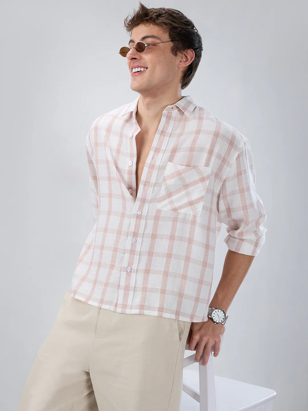 Blush Pink Box Checks Boxy Fit Crop Shirt - Image 2