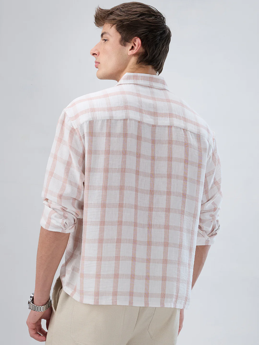 Blush Pink Box Checks Boxy Fit Crop Shirt - Image 5
