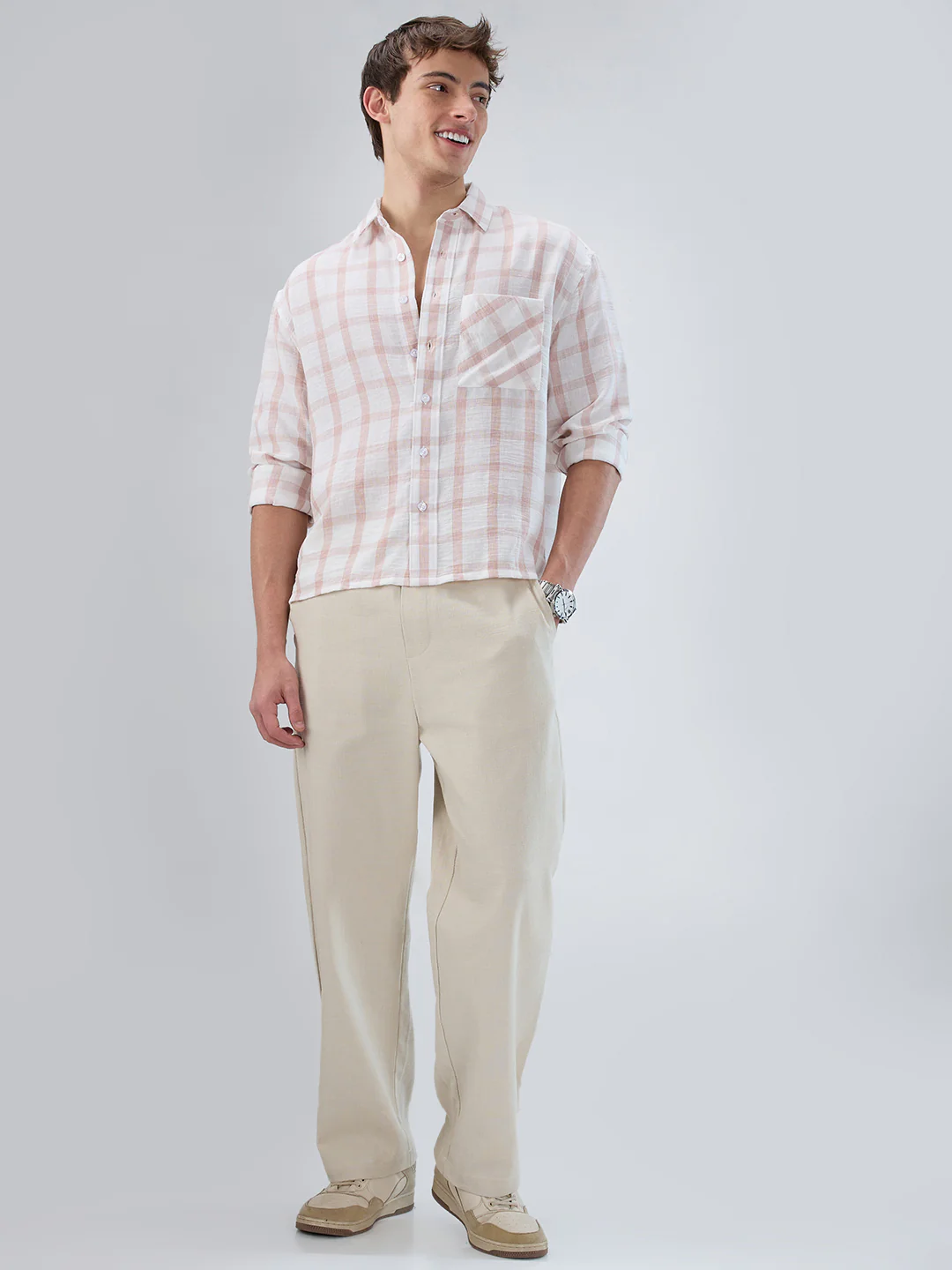 Blush Pink Box Checks Boxy Fit Crop Shirt - Image 6