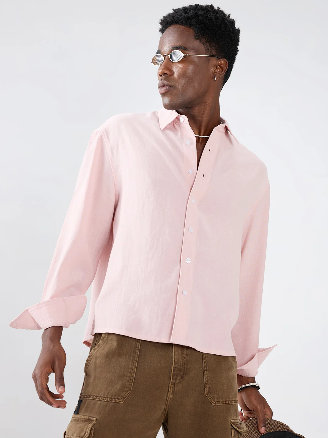 Blush Pink Fine Weave Boxy Fit Crop Shirt - Image 2