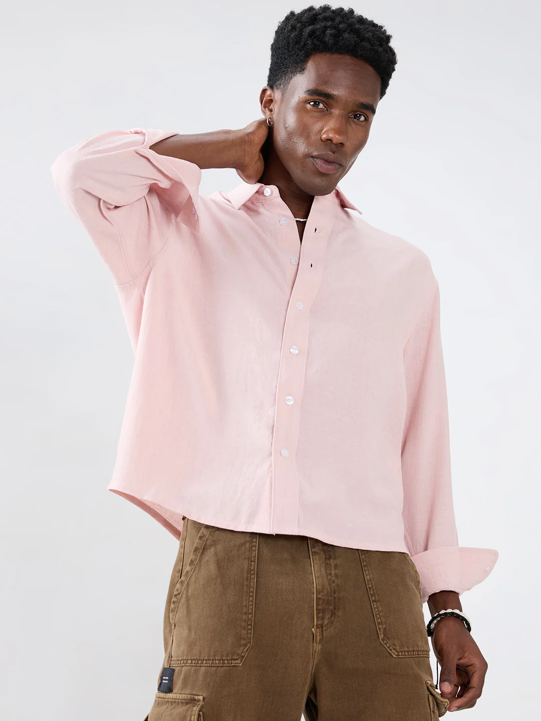 Blush Pink Fine Weave Boxy Fit Crop Shirt - Image 4