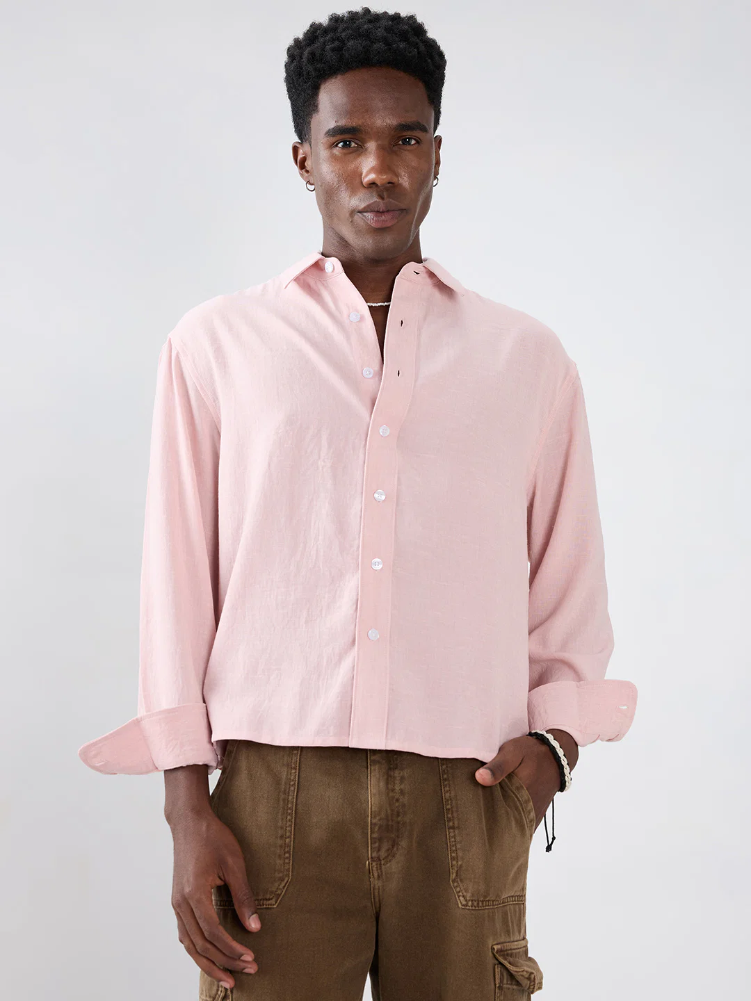 Blush Pink Fine Weave Boxy Fit Crop Shirt - Image 5
