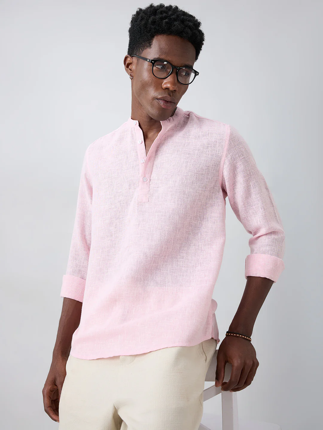 Blush Pink Slub Textured Vacation Kurta - Image 2