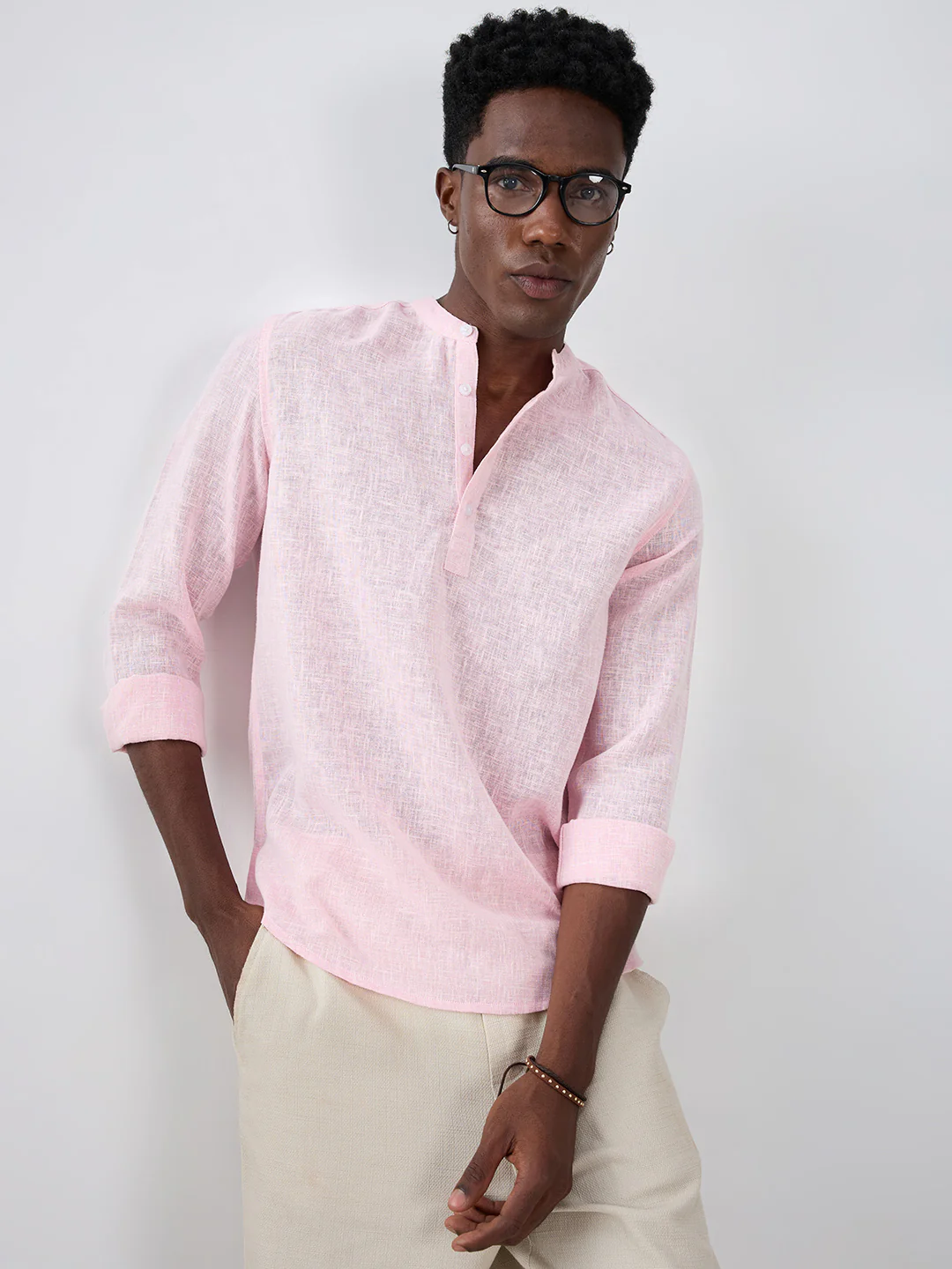Blush Pink Slub Textured Vacation Kurta - Image 4