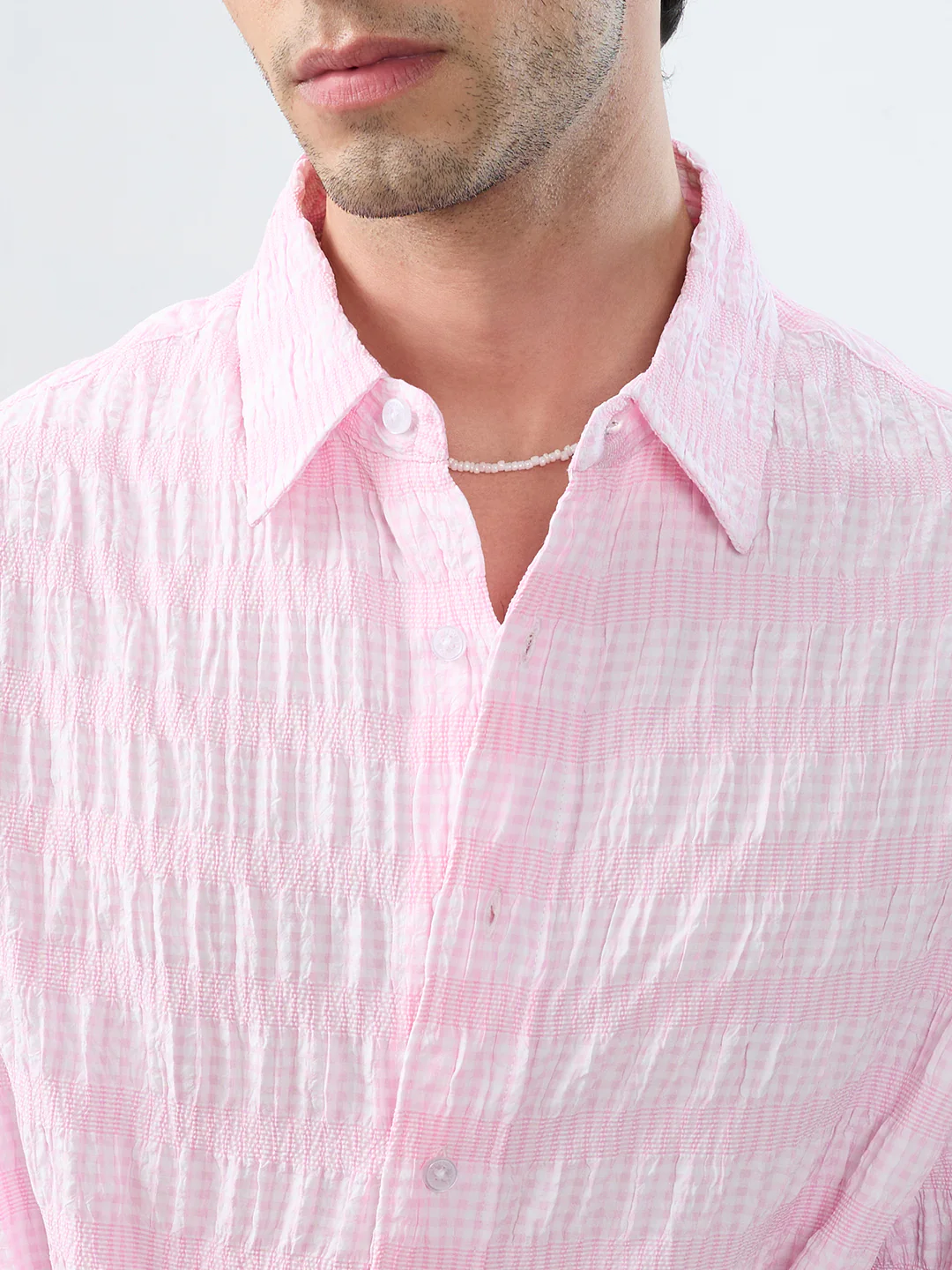 Blush Pink & White Seersucker Gingham Checks Boxy Fit Crop Shirt - Image 3