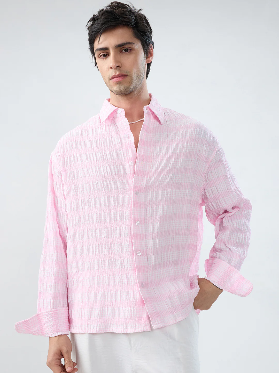 Blush Pink & White Seersucker Gingham Checks Boxy Fit Crop Shirt - Image 4